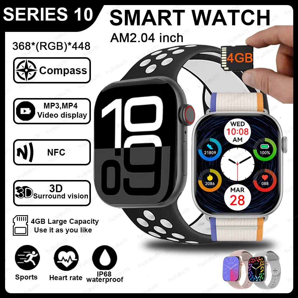 2024 New DT Watch 10 Smart Watch 4G Memory Music Video Play BT Call Compass NFC Men Smartwatch For TWS Earphones Halloween Gift