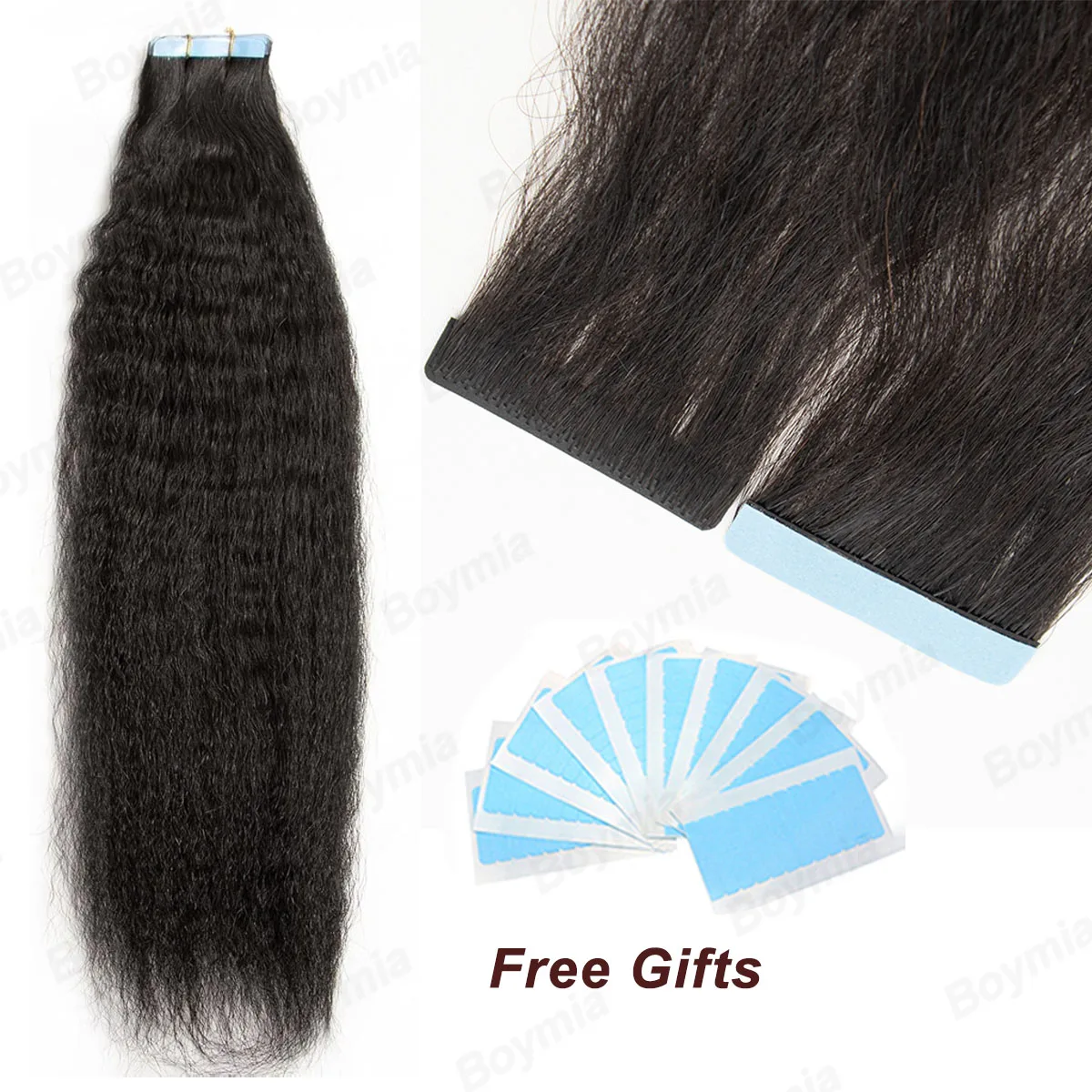 

Invisible Tape In Human Hair Extensions Kinky Straight/Light Yaki Straight Injected Tape ins Remy Black Core Glue Seamless 20PCS