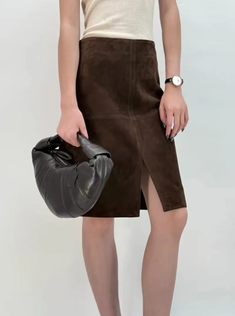 Retro Genuine  Suede Real Leather Pencil Skirt Side Slit Soft Lambskin Midi Skirt with Knee Length Women Korean Women Coffee