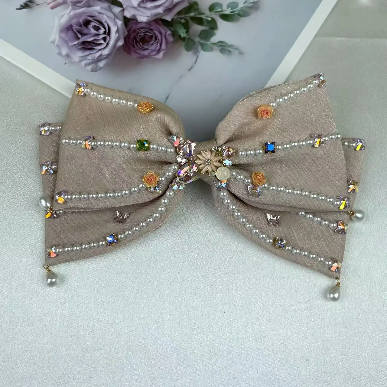 

K-стиль новой тяжелой промышленности, пружинная заколка, двухслойная атласная заколка в горошек с бриллиантами, жемчужный бант, аксессуары для волос, верхняя заколка, пружинная заколка