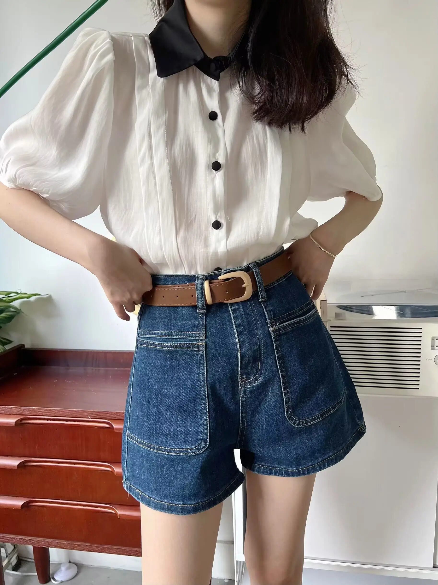 

High Waist Pocket Denim Shorts Women's Summer Slim A-Line Wide Leg Pants Retro Casual Design Cotton Stretch Denim