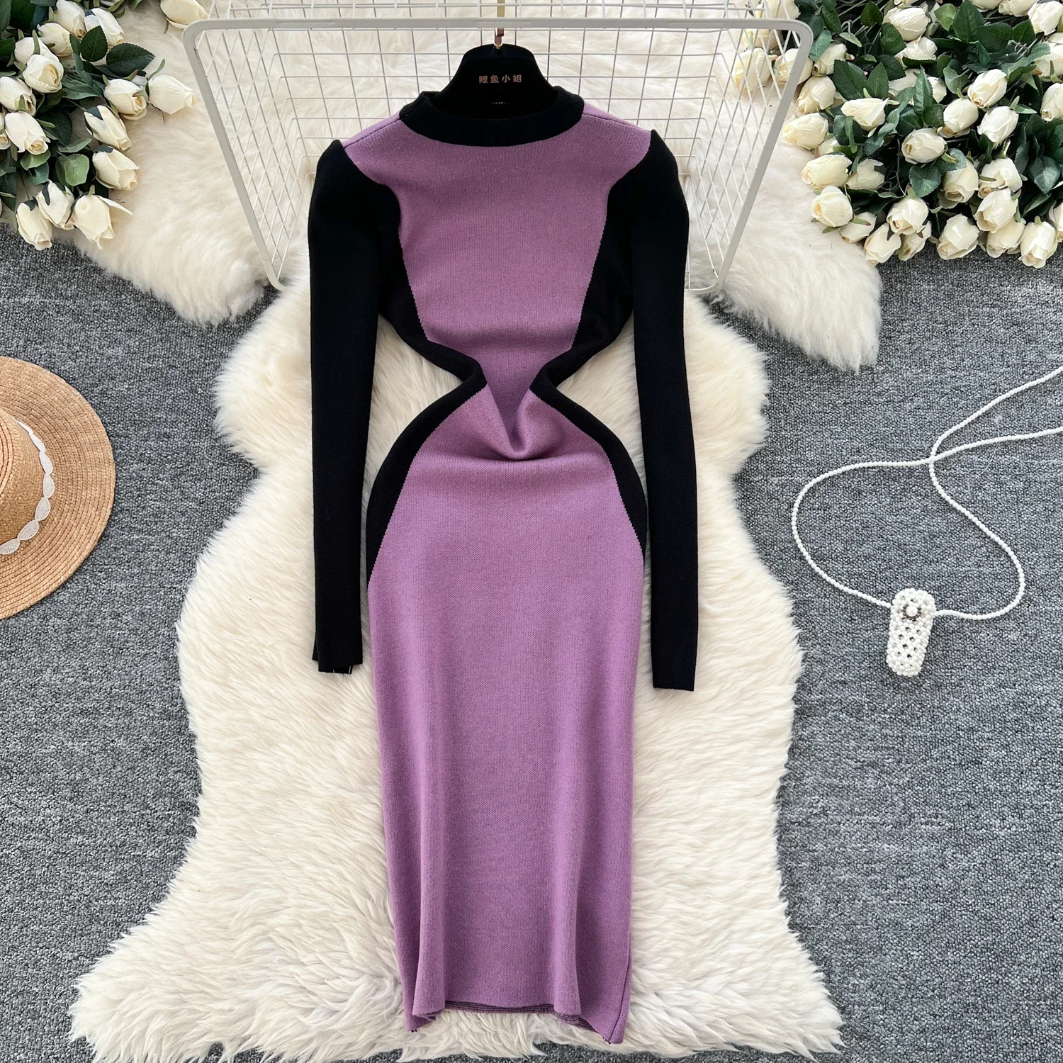 

Элегантный винтажный шикарный лоскутный тонкий свитер с круглым вырезом и длинными рукавами, длинные платья, французская уличная вечерняя осенне-зимняя одежда