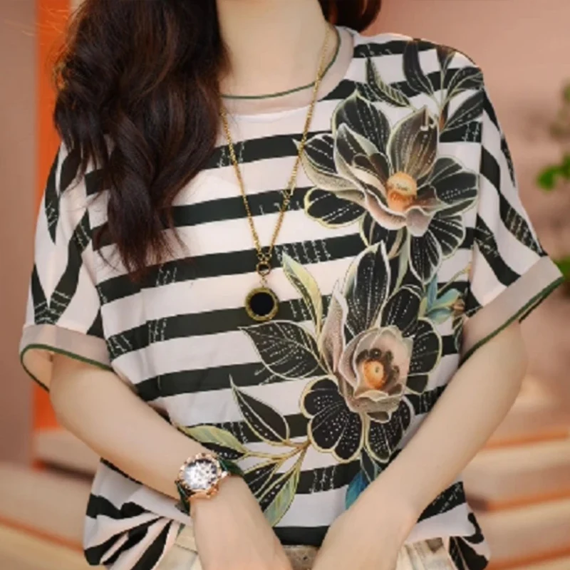 Summer New Round Neck Fashion Batwing Sleeve T-shirt Women Striped Floral Printing Pullovers Casual Loose Y2K Comfortable Tops