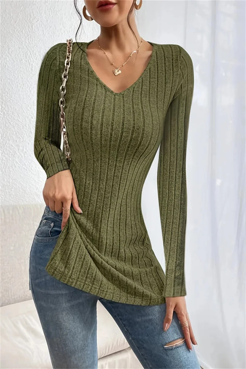 Women\'s Fashion V-neck Side Split Pit Strip Long sleeved T