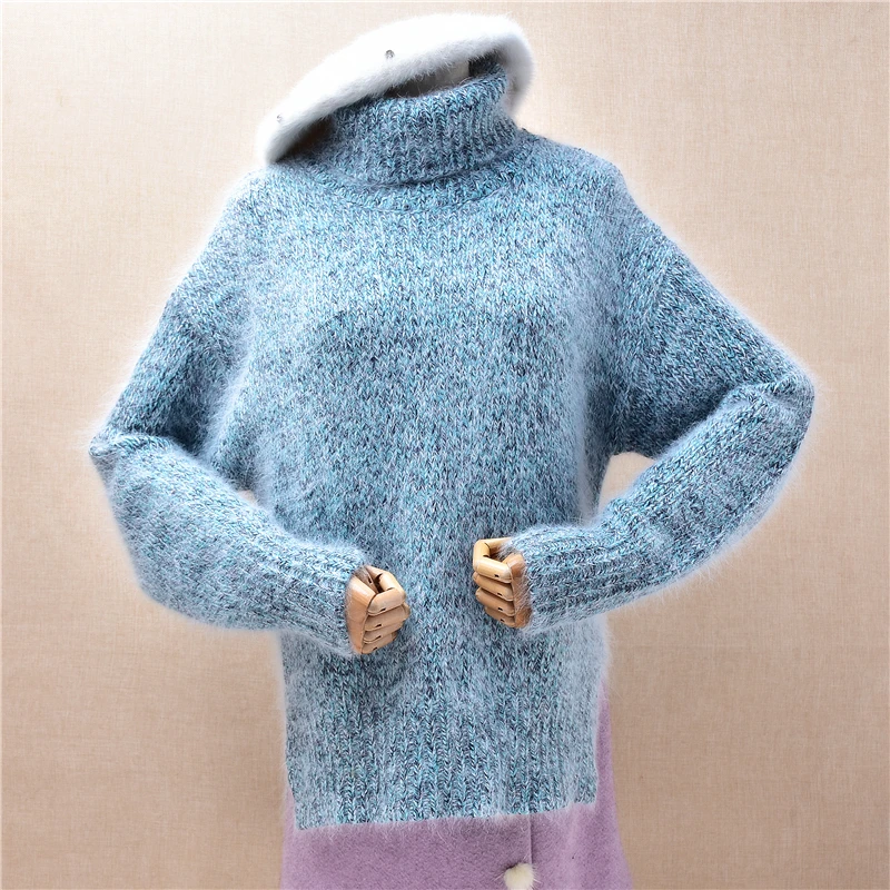

Женская осенне-зимняя одежда, волосатая мягкая вязаная водолазка из ангорского кролика с длинными рукавами, свободный пуловер с разрезом, свитер