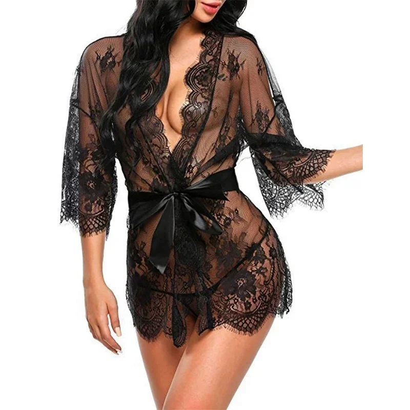 Sexy Cutout Tie Backless Dress Sheer Lace Erotic See Through Lingerie Transparent Porn Night Dress Lace Up Babydoll