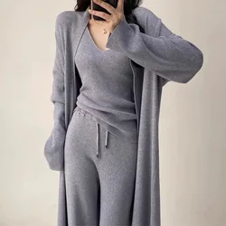 Clothland Women Elegant Knitting Three Piece Suit V Neck Camis Long Cardigan Coat Elastic Waist Pants Trousers Chic Set TA530