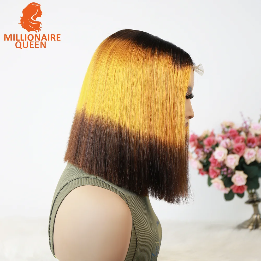 베트남 흑인 여성용 슈퍼 더블 드로잉 본 스트레이트 밥 가발, 100% 인모, 오렌지 캔디, 250% 밀도, 2x6