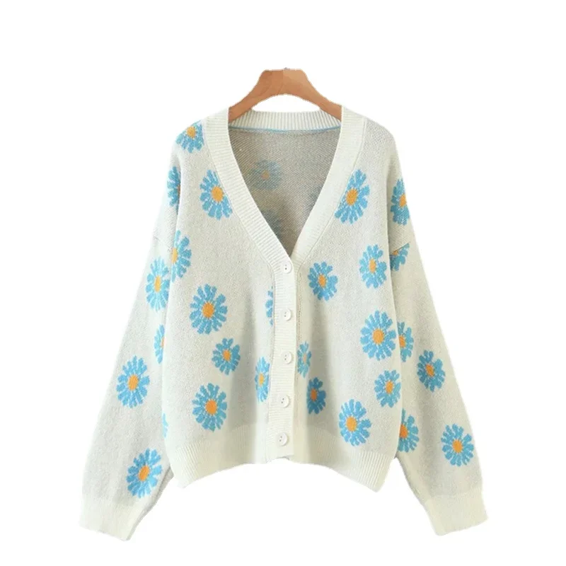 Women's Little Daisy Sweater Cardigan Top, Casual Long Sleeve V Neck Floral Print Loose Knit Lossen Coat RFEW-2024