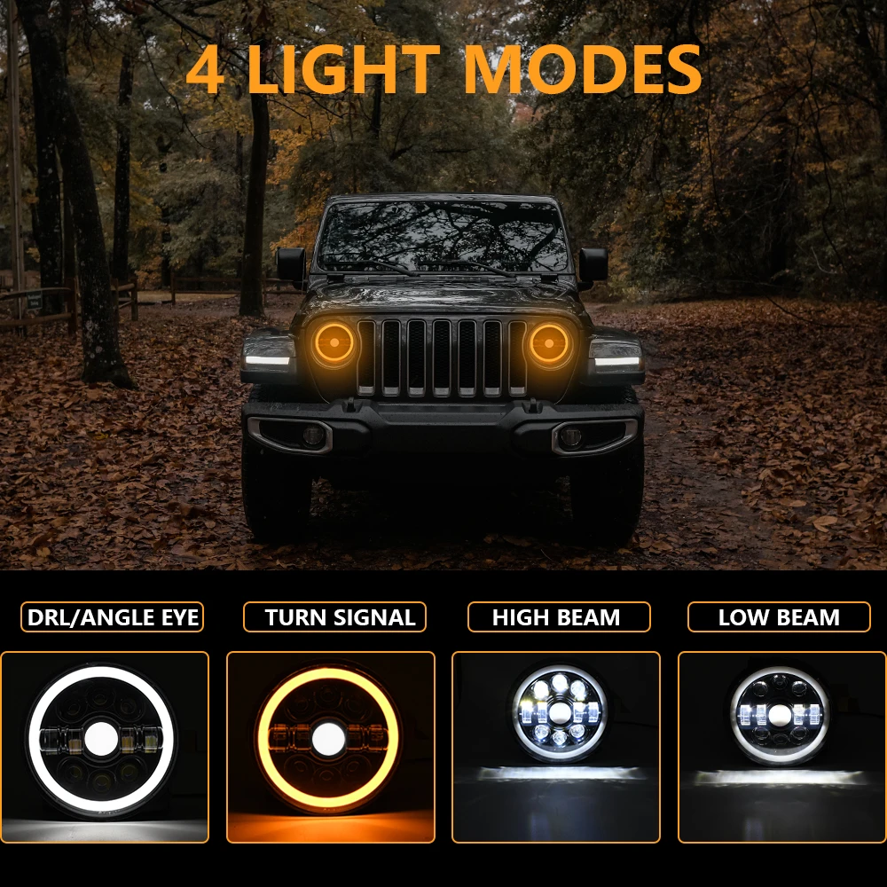 Firedrake R7 7 Inch LED Round Headlamp Gear Angel Eye Wrangler Jeep Off-road Headlight H4 150W 6000K 3500K 15000LM 24V Car Lamp