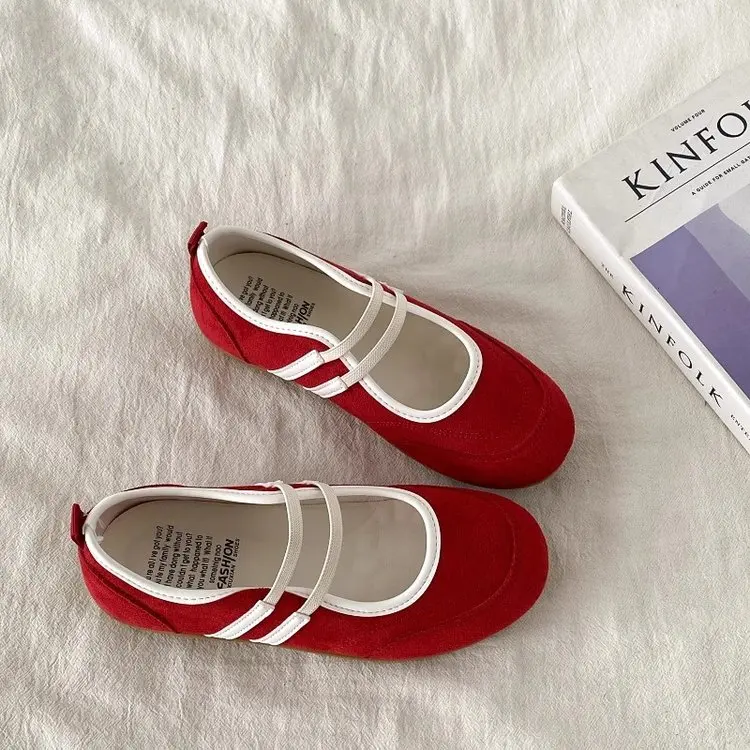 

Retro Red Mary Jane Flats Women's Ballet Training Shoes Casual Low Top Single Shoes Comfortable Flat Bottom Fashion Sneakers