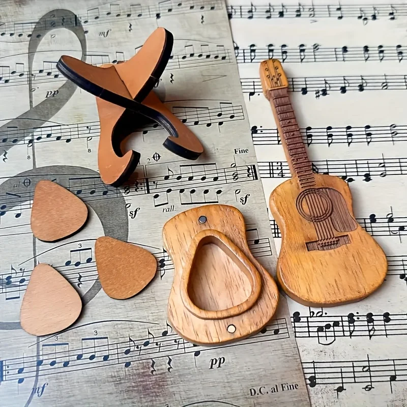 حامل اختيار الجيتار و3 أعواد خشبية، صندوق تخزين للاعبي الجيتار والقيثارة - إكسسوارات من الخشب الطبيعي