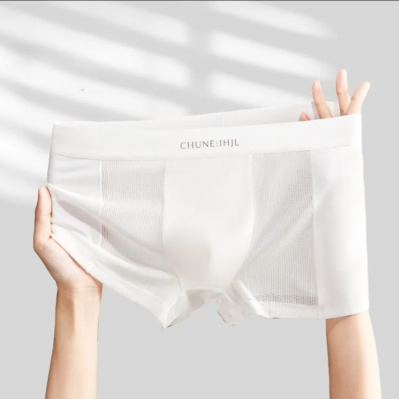 

Ice Silk Seemless Boxer Shorts Men's Stretch Solid Mid-waist Mesh Breathable Underwear U Convex Pouch Underpant Soft Panties