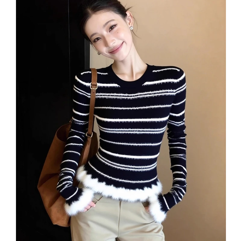 

Осенне-зимний утягивающий вязаный топ с длинными рукавами, потертыми краями и цветными полосками для женщин, базовый слой, внутренняя одежда, повседневная