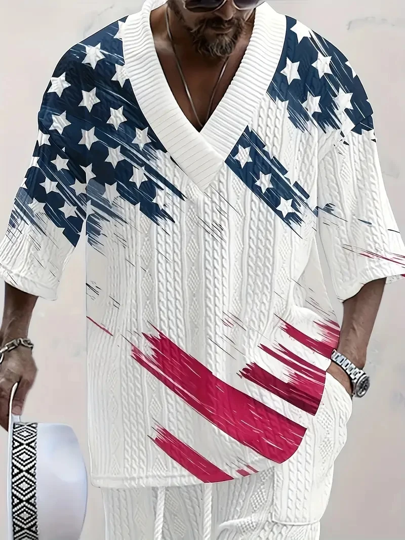 

New men's casual V-neck short-sleeved 2-piece set, comfortable knitted sweater, suitable for summer outings