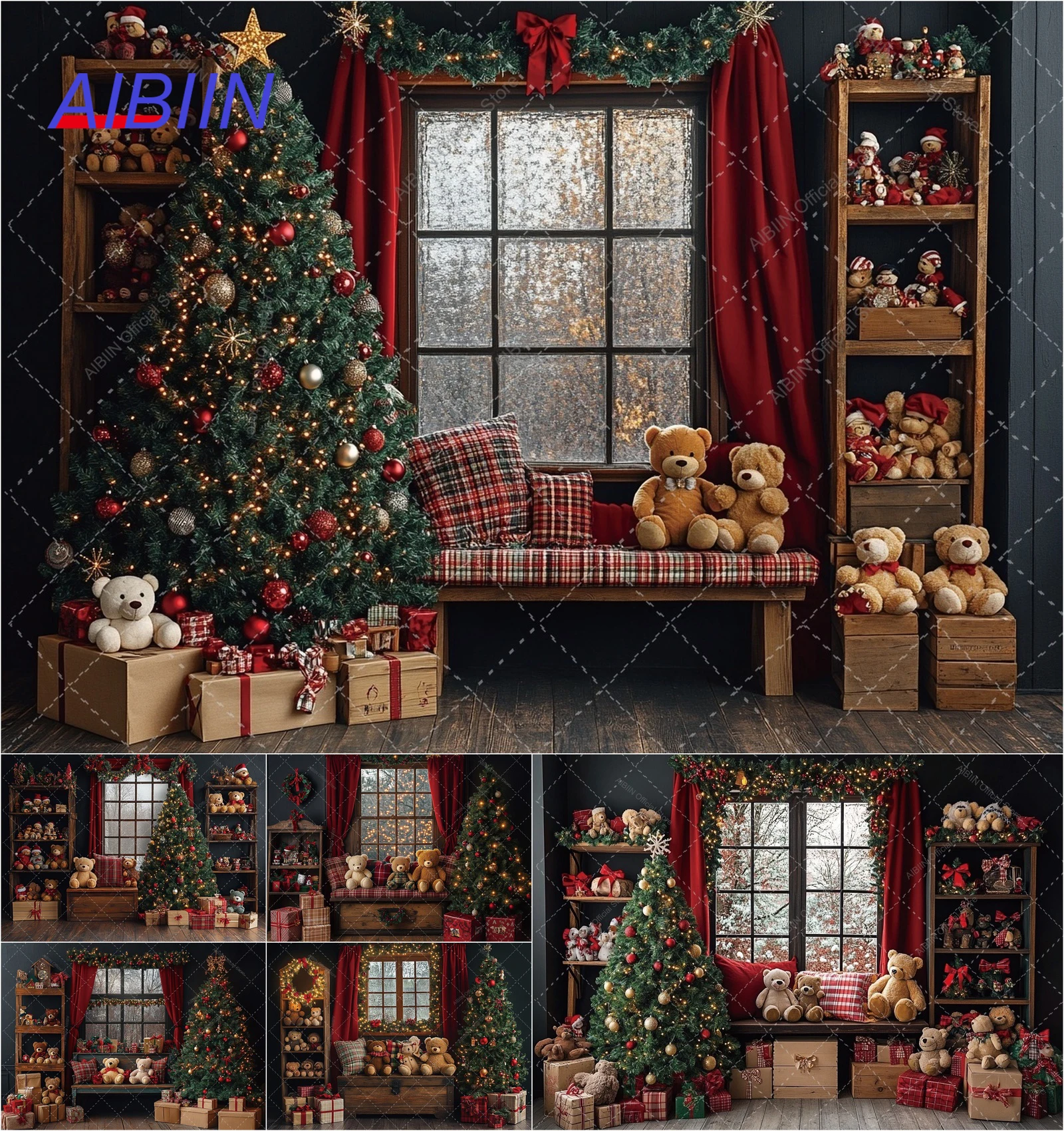

Крытый фон для рождественской фотографии на окно, медведь, ретро-магазин, рождественская елка, подарки, детский семейный декор для вечеринки, фотофон