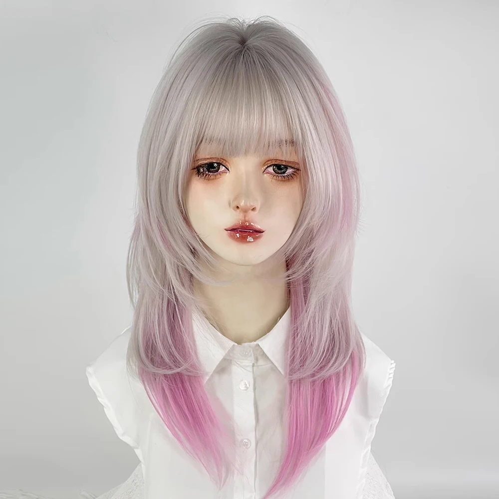 

Mullet Head Synthetic Short Straight Wigs with Bangs Silvery White Ombre Pink Fluffy Wig for Daily Party Lolita Cosplay
