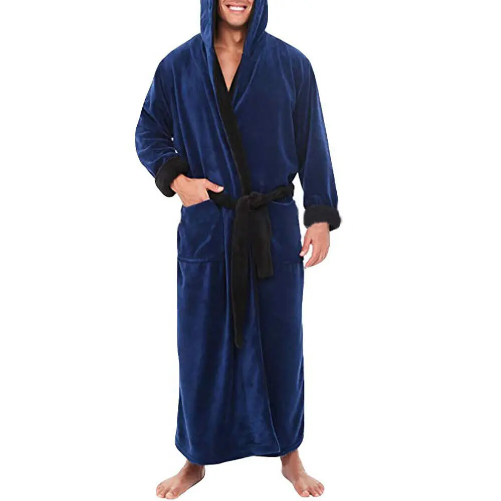 New Men\'s Bathrobe Long Dressing Fleece Hooded Nightgown Autumn and Winter Oversized Long Sleeve Pajamas Male\'s Home Clothing