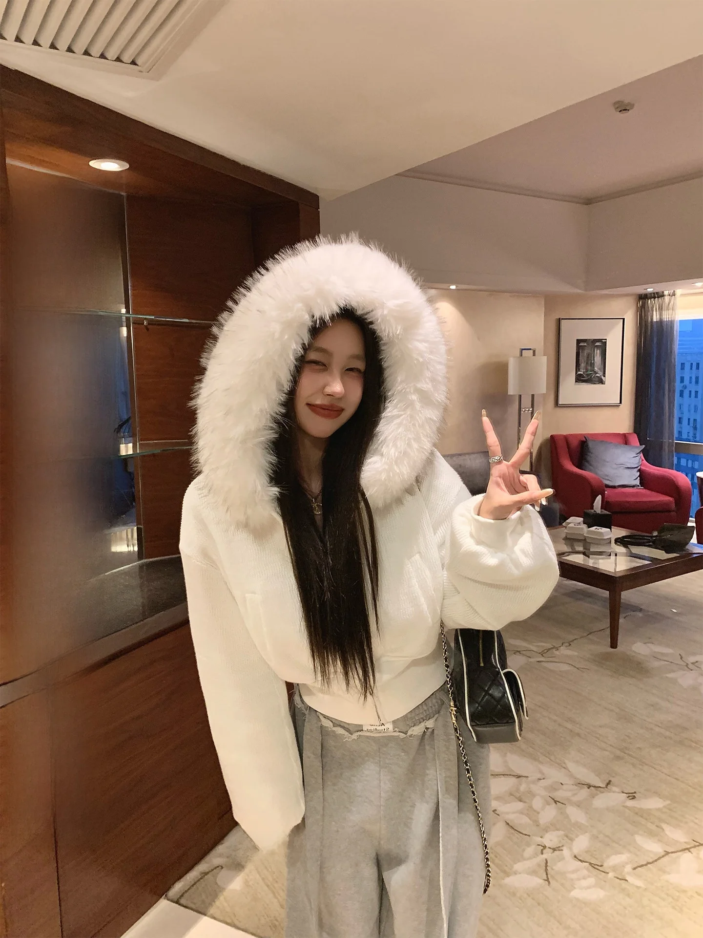 

Slimming Knitted Cotton Jaet with Hood And Fur Collar by 23TH ALTER Korean Sle Commute Faion ort Zipper Closure