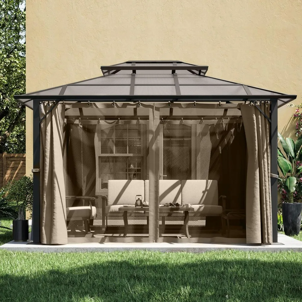 Hardtop Gazebo 10x12 FT Polycarbonate Double Roof with Netting and Curtains, Metal Aluminum Outdoor Gazebo for Backyard, Patio