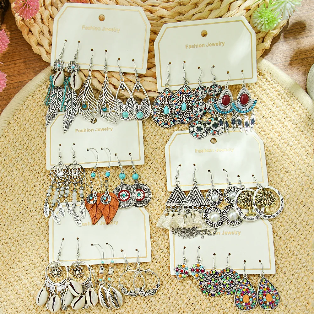 Wholesale 3Pairs/Bundle Bohemia Vintage Ethnic Antique Silver Dangle Drop Earrings Sets for Women Ladies Jewelry Accessories