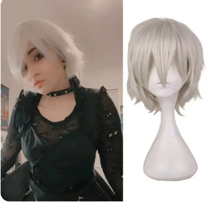 Wig Cosplay rambut pendek hitam putih ungu merah pesta pria 30 Cm Wig rambut sintetis serat temperatur tinggi