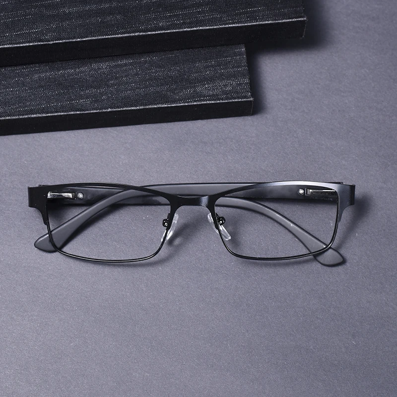 Schwarzer Rahmen, Legierung, Anti-Blaulicht-Lesebrille, beschichtete Gläser, Business-Brille mit Federscharnier, TR90-Beine +125+175+225