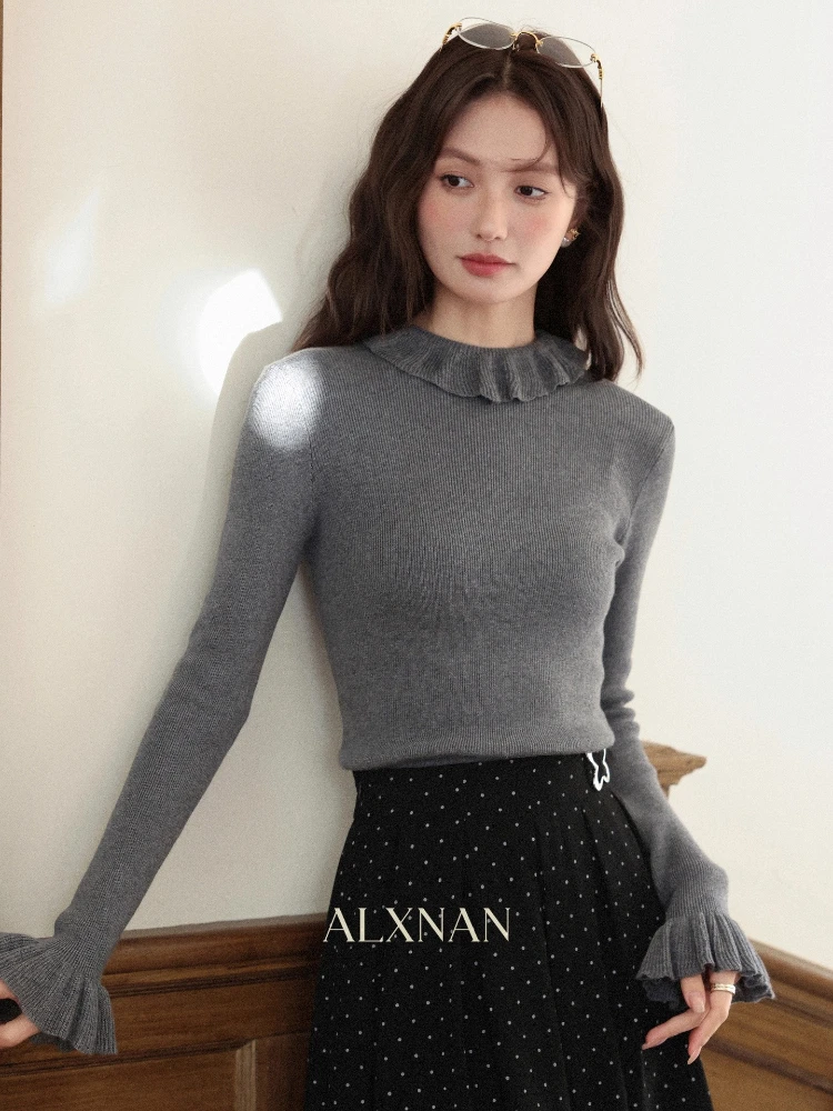 

ALXNAN женский серый пуловер с рюшами и воротником-расклешенными рукавами, вязаный свитер, осенние новые универсальные повседневные топы с длинными рукавами L58605