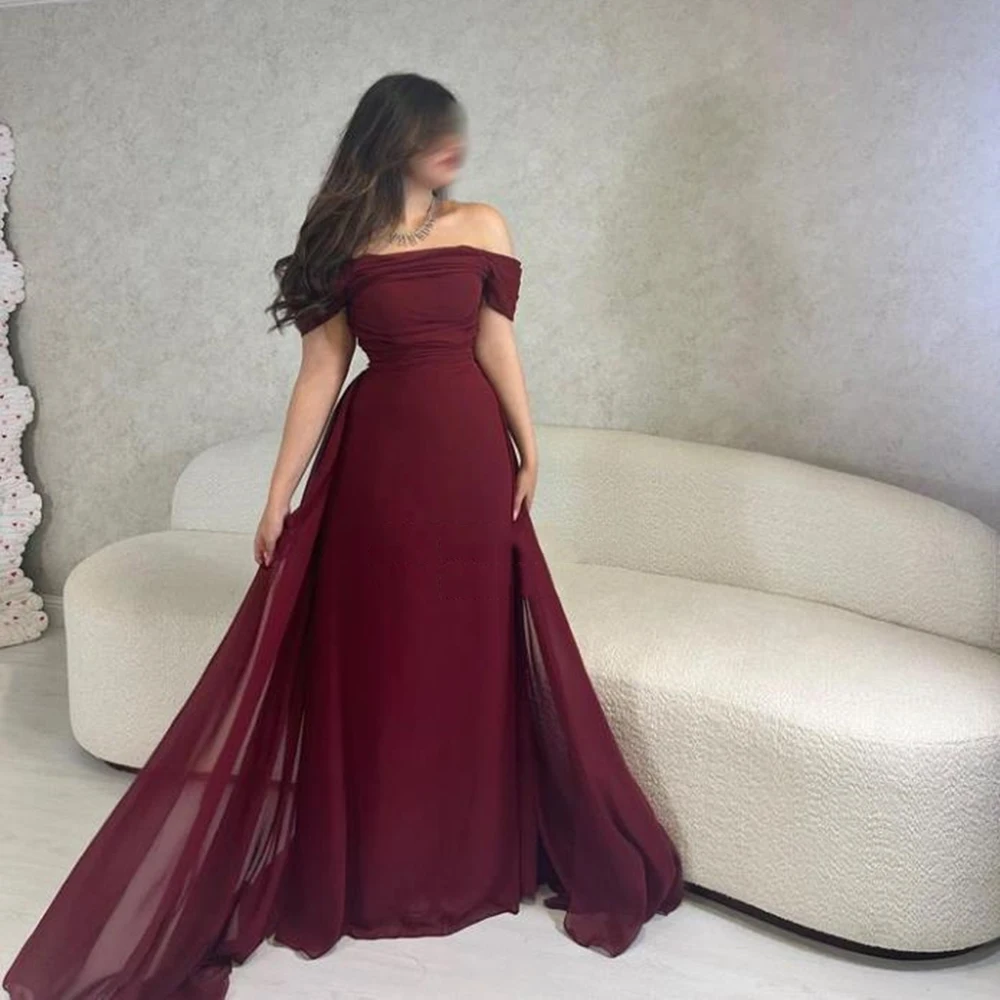 

Customized Burgundy Chiffon Off the Shoulder Evening Dress Straight Floor Length Pleat Sweep Train Formal Elegant Party Gown