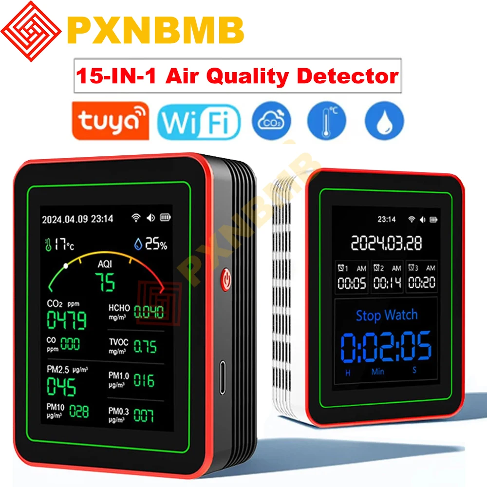 

Tuya WiFi 15-in-1 Air Quality Detector CO2 Monitor PM0.3 PM1.0 PM2.5 PM10 Formaldehyde Detector Temperature and Humidity Meter