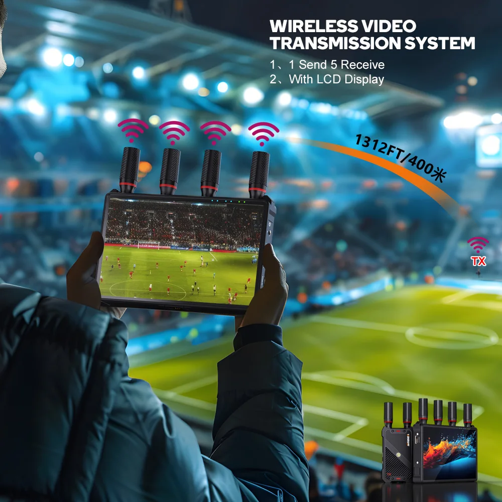 

400M HDMI Wireless Video Transmitter and Receiver with 7inch RGB Screen Support Max 5 Receivers and uses NP-F Series Battery
