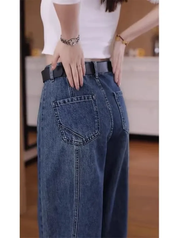 

Джинсы с высокой талией и широкими штанинами для женщин, облегающие, свободного кроя, прямые брюки для фигуры «груша», осенние, новые, повседневные, винтажные