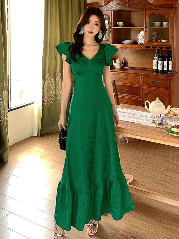 Neue Sommer grün Vintage Satin Urlaub Strand Abend langes Kleid Frauen Kleidung elegante V-Ausschnitt schlanke Maxi Party Prom Vestidos Robe