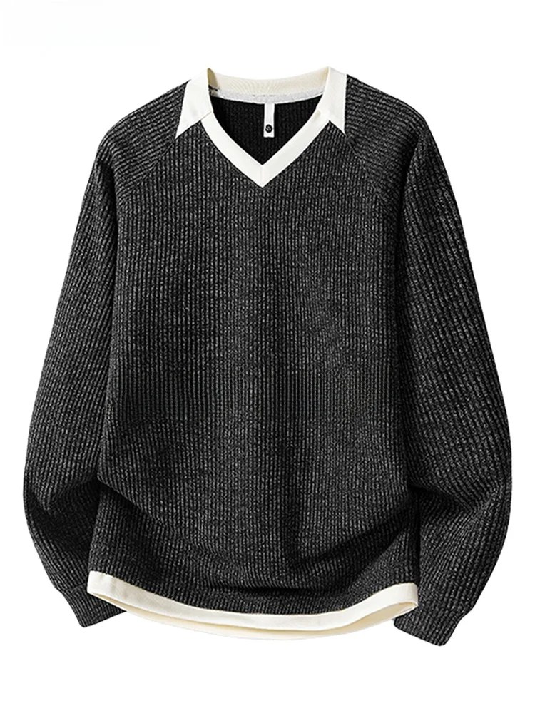 

Мужской свободный повседневный вязаный свитер с V-образным вырезом, пуловер на весну-осень, универсальный, удобный, из полиэфирного волокна, теплый, цветной