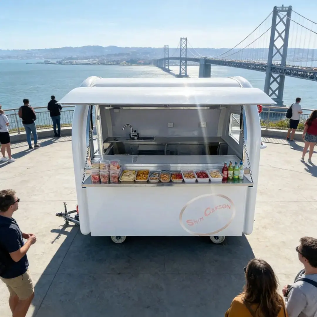 

Fiberglass Food Truck Cart, Mobile Catering Booth with Rolling Wheels, Commercial Street Food Vending Cart, Retro Style