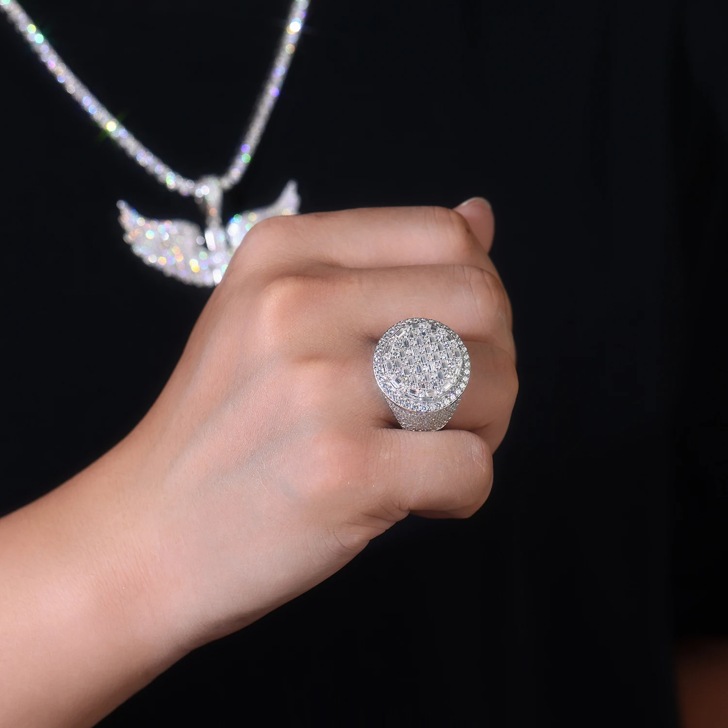 

JIUZUAN Full Moissanite Ring Round Baguette 925 Silver 18K Gold Plated Hip Hop Pave Style Gift Comes with GRA Certificate