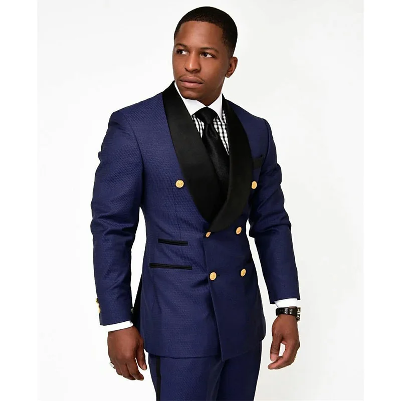 

New Design Male Suit with Black Shawl Lapel Double Breasted Slim Fit Best Men Groom 2 Pieces Wedding Party Suits Ropa Hombre