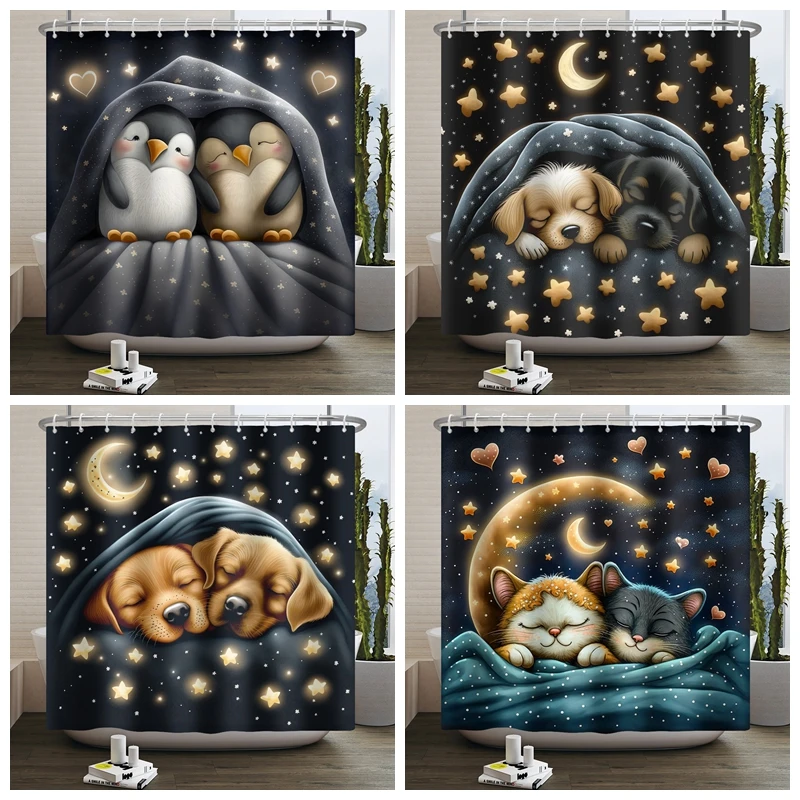 

Cute Sleeping Pet Shower Curtain Moon Star Cat Dog Penguin Bathroom Curtain for Home Hotel Machine Washable Curtain with 12 Hook
