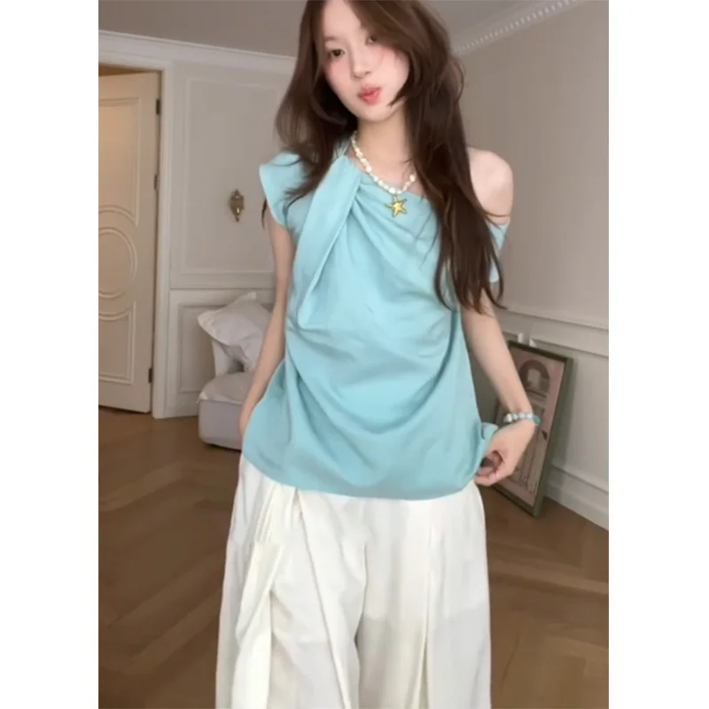 

Синий асимметричный топ с узлом для женщин, летняя новинка, свободный крой, универсальный, с открытыми плечами, в стиле Spicy Girl, модный повседневный.