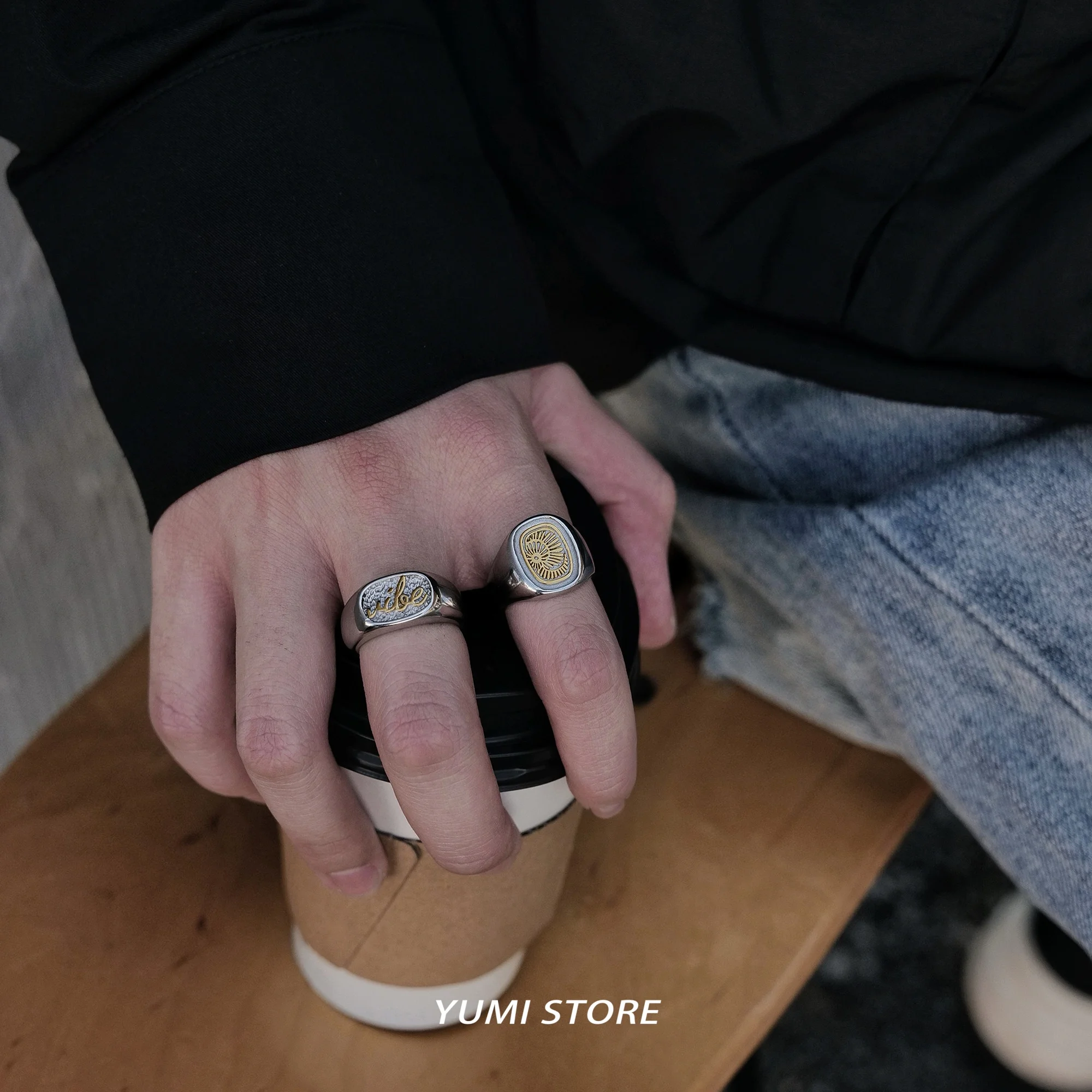 Titanium Steel Tone Signet Ring Unisex Gold Accent Graphic Statement Hip Hop Cool Minimalist Streetwear Jewelry for Men Women