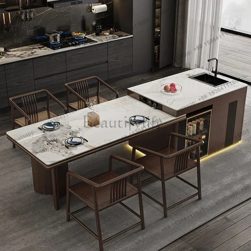 Factory Customization  New Chinese rock slab island dining table integrated retractable New Chinese