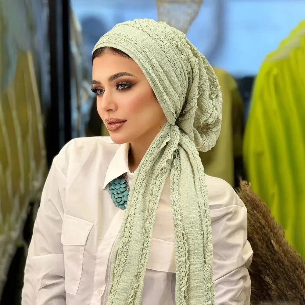 

Adjustable Women Turban Hats Polyester Long Tail Tie Solid Color Crinkle Hijabs Soft Stretch Pleated Wrinkle Headscarf Modest