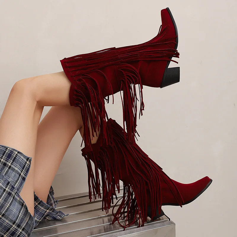 Bohemia Women Shoes Retro Suede Platform Cowboy Boots for Woman Fashion Square Head High Heel Boot Designer Shoes Botas Feminina