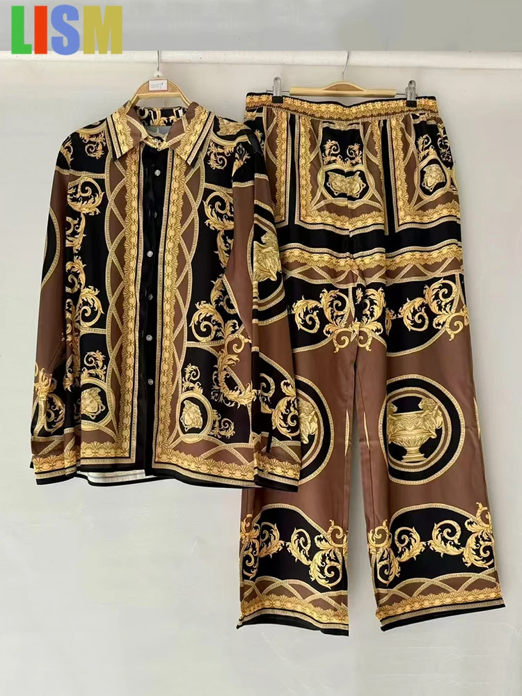 

LISM festivals outfit Retro geometric print lapel loose shirt two-piece set women's clothing wide leg pants fashion set