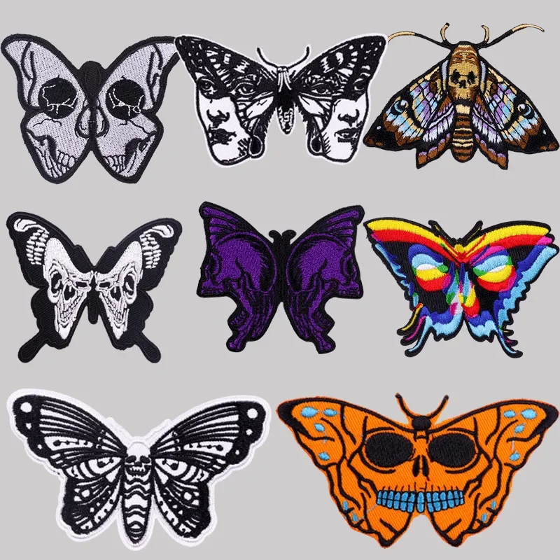 

Punk Moth Animal Embroidery Patches Skull Face Butterfly Iron-on Stickers for Clothes DIY Decorative Appliques on Jackets Denim