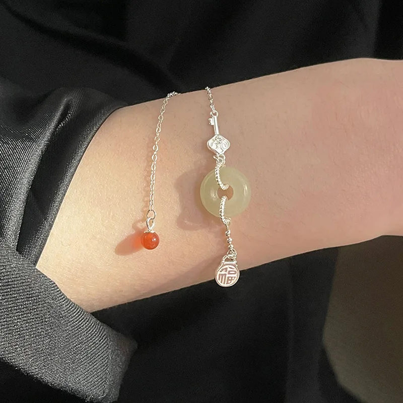 KOFSAC Chinese Classical Style Jade Circular Bracelets For Women Elegant 925 Sterling Silver Jewelry Blessing Key Bracelet