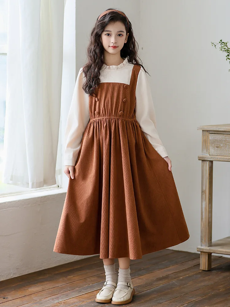 Corduroy Tween Girls Dresses Winter Fall Kids Elegant Teenage Clothing Tan A-Line Long Sleeve Dress For Girl New 2025 Outfits