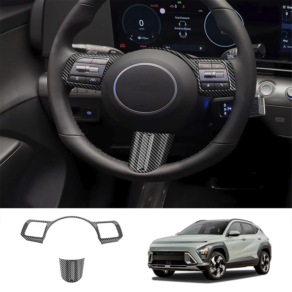 Car Steering Wheel Button Decoration Cover Trim Accessories for Hyundai KONA 2024+ Car Accessories Carbon Fiber Pattern