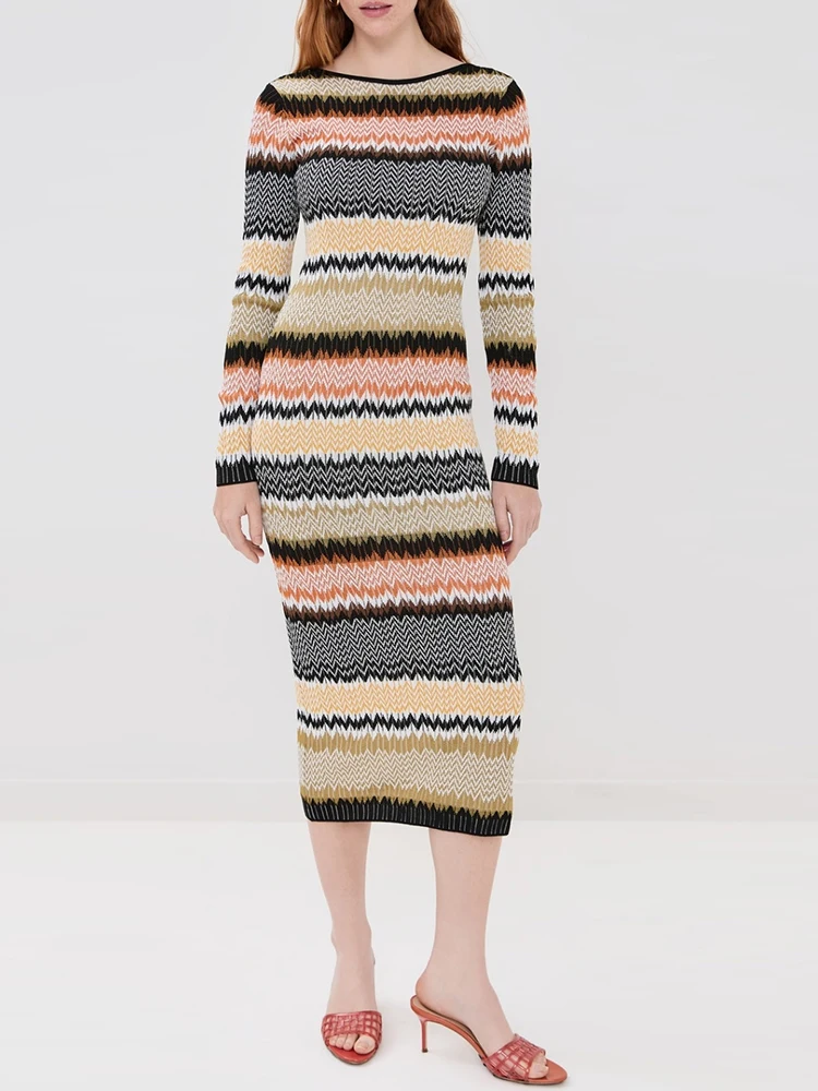 Spring Fashion Party Zigzag Pattern Knitting Vintage Pencil Long Dress Women's O-Neck Long Sleeve Sexy Buttock Covering Dresses