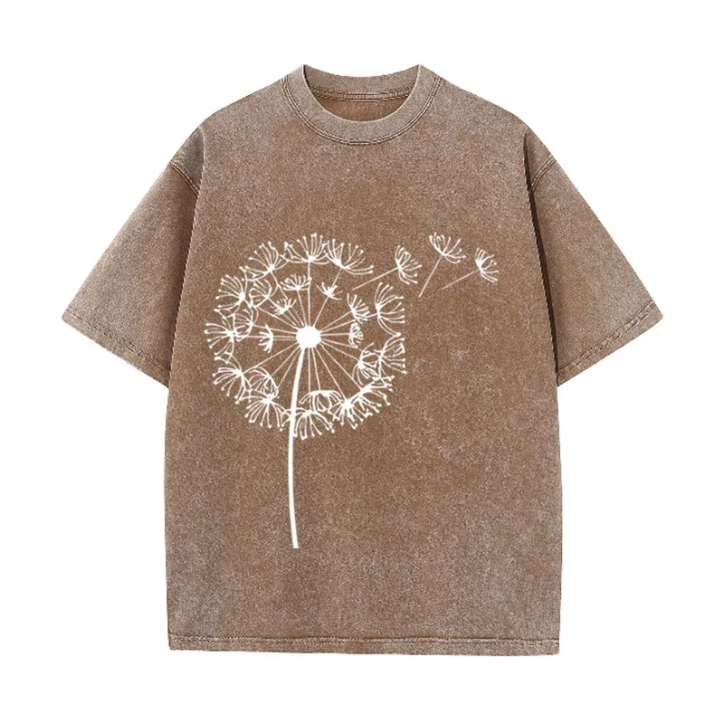 Löwenzahn-Print Vintage Washed Brown T-Shirt Lässiges Minimalistisches Streetwear-Tee